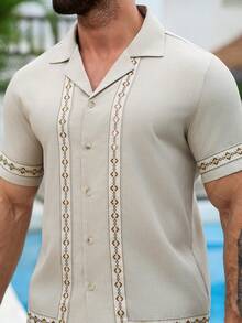 VENTUSAIL 男士米色幾何印花短袖襯衫，夏季波西米亞風 Guayabera 風格領開襟襯衫，復古度假休閒度假風 - 杏色 - View 5