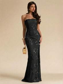SHEIN BAE Đầm vàng không tay, chất liệu có họa tiết, kiểu dáng tối giản, thanh lịch, thích hợp cho bữa ăn trưa, dự đám cưới, tiệc cocktail, hoặc đi nghỉ mát ở bãi biển. - màu đen - Xem 3