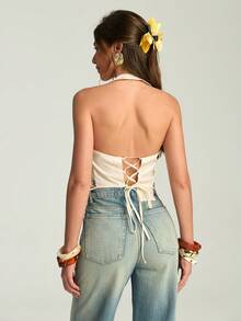 Firerie Chaleco con cuello de halter de patrón floral versátil para outfits de verano bohemios, ropa de estilo bohemio para mujeres - Beis - Ver 5