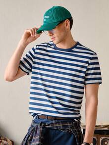 VeloEdit Navy Blue Color Men's Striped Print Round Neck Short Sleeve Casual T-Shirt Old Money, With Contrast Binding, Partywear & Boyfriend Summer - Navy Blue - View 6