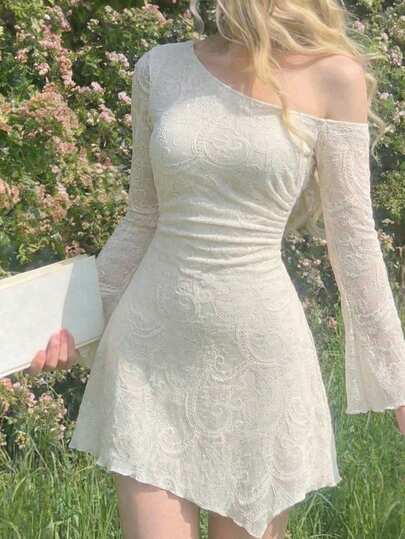 SHEIN MOD Vestido Assimétrico com Mangas Sino de Jacquard para Mulheres