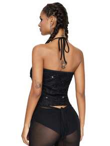 ROMWE Fairycore 夏季時尚網眼亮片刺繡花藤騎頸上衣 - 黑色 - 查看 6