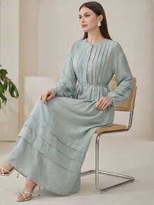 Veilorie Women's Solid Color Round Neck Long Sleeve Button Half Placket Casual Long Dress - Gray green - View 5