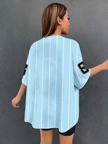 SHEIN EZwear Women Loose Open Front Short Sleeve Shirt Baseball Jacket, Suitable For Summer,Summer Top - Baby Blue - View 2