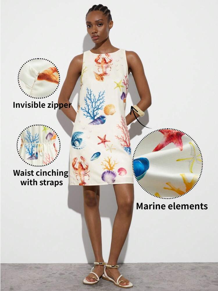 SHEIN Maija MAIJA Vacation Ocean Creature Print Bezrękawnik Mini Sukienka