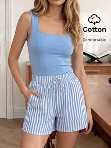 Easowa Bộ 2 món quần short nữ màu xanh dương, gồm áo hai dây cổ vuông màu xanh dương và quần short kẻ sọc bằng cotton, thích hợp cho mặc hàng ngày và đi nghỉ mát. - Màu xanh lam - Xem 1