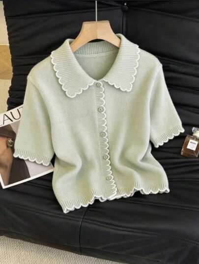 Franclia Mint Green And White Ruffled Trim, Fashionable, Simple And Elegant Women's Top, Suitable For Business Commuting, Work, Casual Wear, Vintage Style, Holiday Wear, Women's Spring And Summer Outfits, Short-Sleeved, Loose-Fitting, Short-Length Cardigan Knit Top.