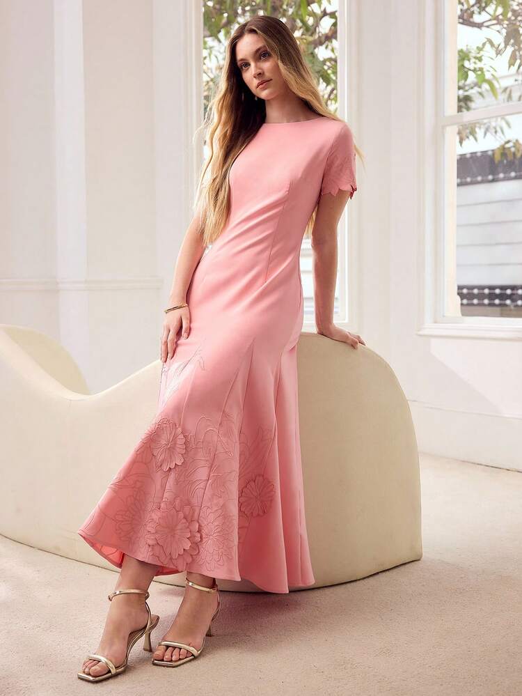 WOMEN'S SHORT SLEEVE ROUND NECK EMBROIDERED PINK DRESS, SUITABLE FOR DATES, SPRING/SUMMER