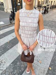 Serisse Women's Pleated Collar Sleeveless Smocked Mini Dress,Pink And White Striped Boho Summer A-Line Dress For Holiday,Vacation,Beach,Party,Wedding,Spring - Multicolor - View 2