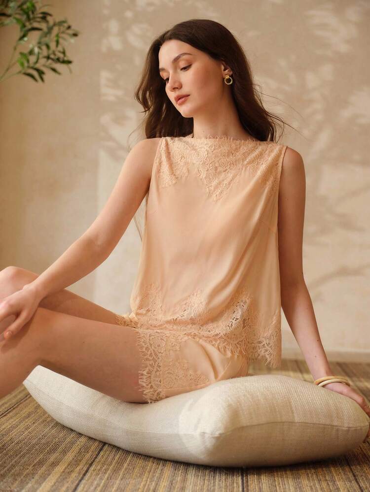 2PCS LACE PATCHWORK CAMI TOP & SHORTS PAJAMA SET, SPRING/SUMMER