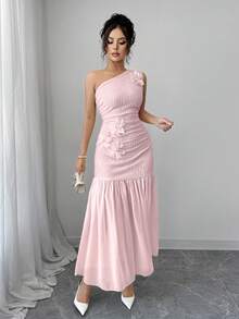 Modelyn 3D Blumen Gelb Chiffon Patchwork Kleid für Frauen - Pink - Übersicht 6