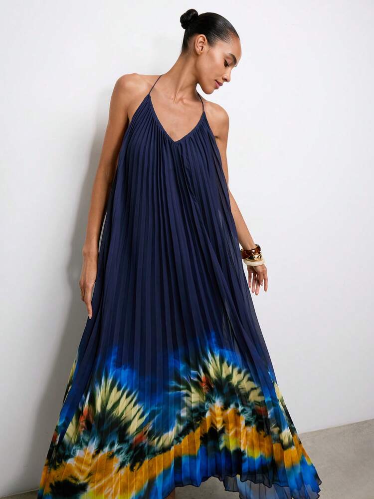 SHEIN Maija Women's Summer Vacation Tie-Dye Halter Maxi Pleated Dress