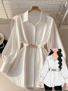 GlowEve CURVE Plus Size Women's Casual/Office Commute Striped Print Drop Shoulder Loose Lantern Sleeve Shirt With Chain Belt, Spring/Autumn - Black and White - View 1