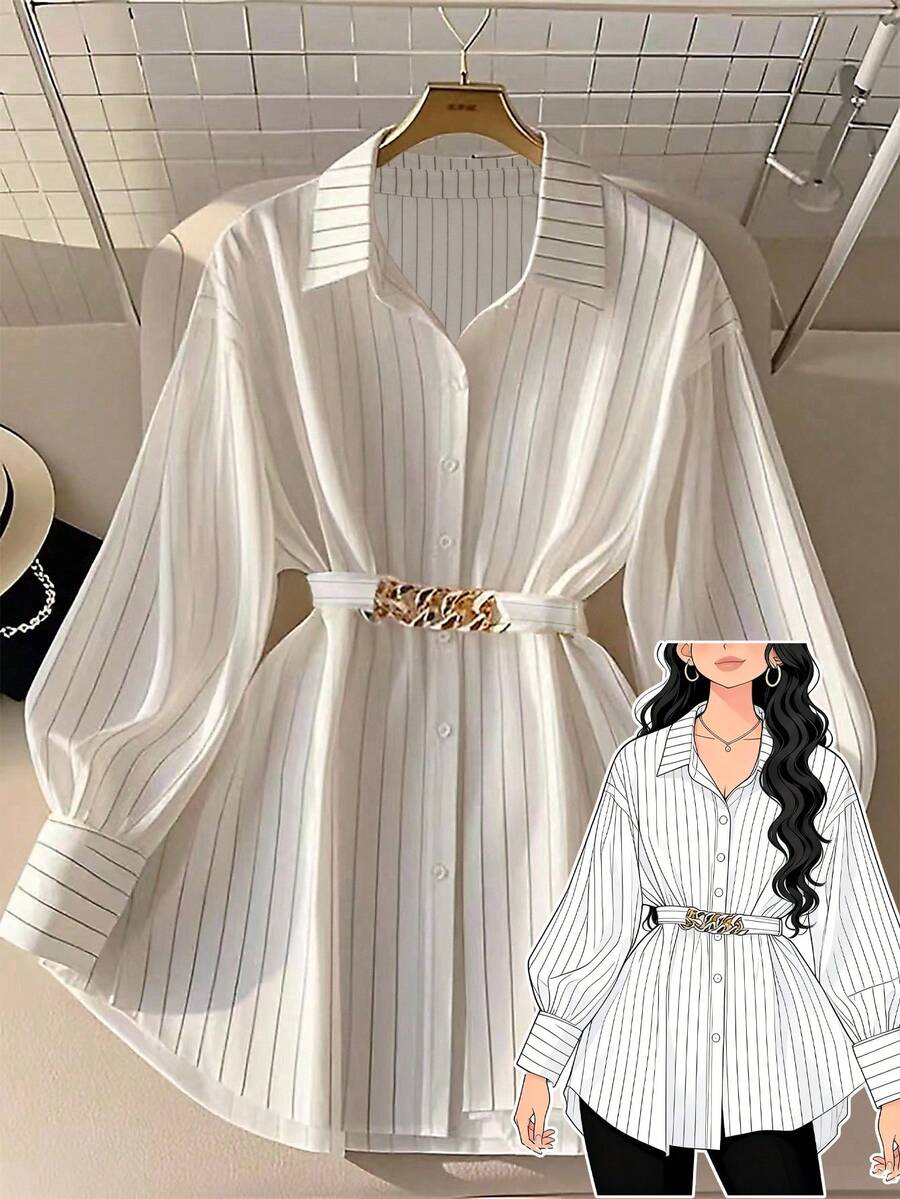 GlowEve CURVE Plus Size Women's Casual/Office Commute Striped Print Drop Shoulder Loose Lantern Sleeve Shirt With Chain Belt, Spring/Autumn - Black and White - View 1