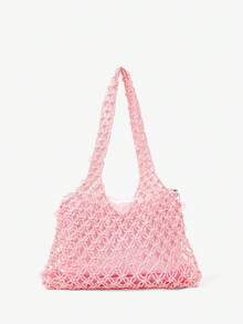 MUSERA 女士单肩包，钩针编织包，镂空设计，粉色，哑光圆形亮片，时尚优雅，简约百搭，可个性化定制，适合海滩、度假、夏季、海边、沙滩派对等场合 - 粉色 - 查看 3