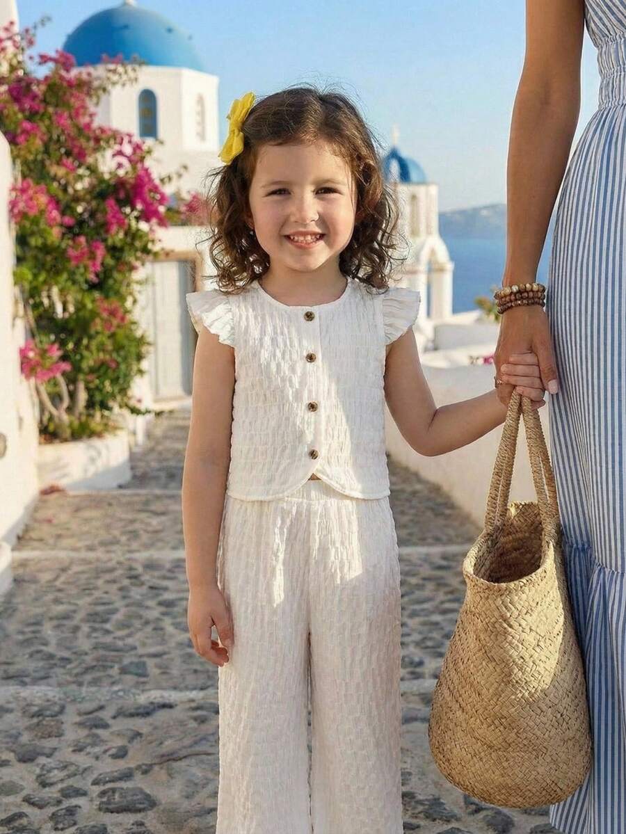 SHEIN Textured Fabric Sleeveless Top And Straight Leg Pants Set For Little Girls Girls Linen Outfit Girls Pant Sets Girls Two Piece Outfits Girls Outfits Kids Formal Outfits For Girls Little Girl Outfit Sets Kids Clothes For Girl Kids Clothes Girls Formal Outfits - White - View 1