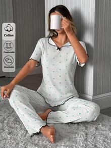 SHEIN Bộ đồ ngủ nữ bằng cotton dệt kim gân màu trắng phối họa tiết chấm bi và hoa, cổ chữ V, có nơ, tay ngắn và quần dài, thoải mái, thoáng khí, 2 món cho mùa hè. - trắng - Xem 5