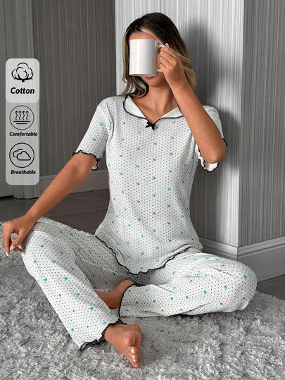SHEIN Cotton Women Rib Knitted White Contrast Colour Polka Dot & Floral Pattern V Neck Bow Detail Short Sleeved Shirt &Long Pants Homewear Comfort Breathable 2 Pcs Women Lounge Pajama Set For Summer