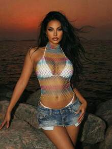 Bonvoyette Áo croptop lưới cầu vồng xuyên thấu gợi cảm hở lưng dành cho nữ, thích hợp cho lễ hội âm nhạc, thích hợp cho các buổi tiệc âm nhạc. - Nhiều màu - Xem 4