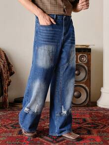 VeloEdit 高级水洗蓝色拼接做旧阔腿牛仔裤 - 藍色 - 查看 6