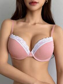 DAZY Bra Wanita dengan Tali Bahu Tipis yang Dapat Diatur dan Efek Push-Up Ringan, Motif Renda dan Patchwork. - Berwarna merah muda - View 3