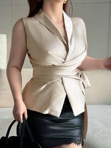 Dazy Plus Sleeveless V-Neck Tie Satin Versatile Commuting Business Casual Plus Size Women's Tank Top, Spring/Summer - Silver - View 4