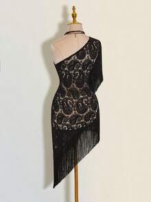 SHEIN ICON Áo kiểu nữ thời trang màu hạt điều, lệch vai, viền tua rua. - màu đen - Xem 14