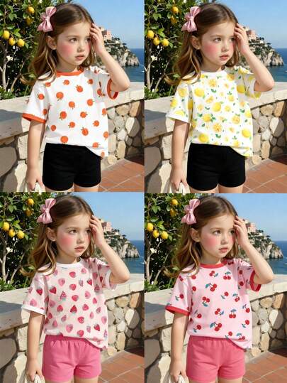 Áo thun ngắn tay chủ đề trái cây mùa hè cho bé gái, thời trang và thoải mái. Có các màu Hồng anh đào, Trắng dâu tây, Vàng chanh, Trắng cam. Họa tiết trái cây tươi tắn và đáng yêu, chinh phục trái tim các bé gái. Chất liệu nhẹ, thoáng khí, phù hợp cho mùa xuân/hè, mặc hàng ngày và ở nhà, một bộ trang phục tươi mới cho các bé.