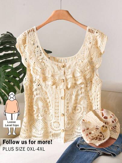 CosyJoli Plus Size Casual Vacation Ruffled Square Neck Crochet Hollow Knit Vest Top Women's Tops And Blouses Women's Tank Tops Summer Women's Vest Tops Working Blouse