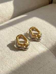 Resyla 2pcs Fashionable Asymmetrical Double-Layered Hoop Earrings With Simple Gold & Silver Geometric Lines - Stud - View 17