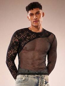 FeverCity Men's Solid Color Round Neck Long Sleeve Lace Fashionable Sheer Sexy T-Shirt - Black - View 1
