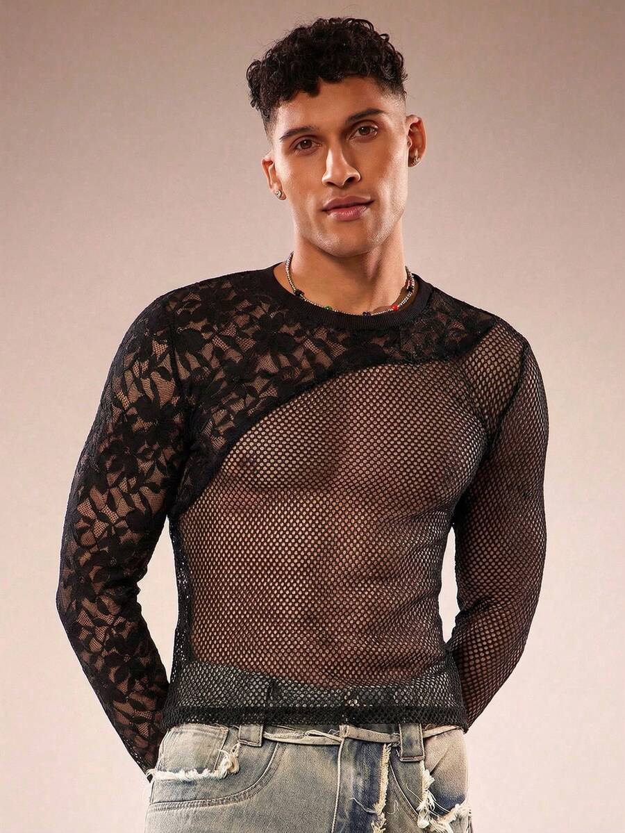 FeverCity Men's Solid Color Round Neck Long Sleeve Lace Fashionable Sheer Sexy T-Shirt - Black - View 1