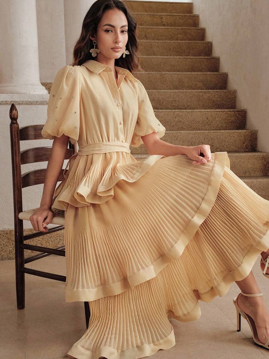 Anewsta Robe de vacances, chemise à manches pétales d'été col chemisier jupe plissée gâteau, robe longue kaki à ourlet volumineux fortement ornée col plissé bouffant gâteau - Kaki - Voir 1
