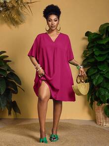 Slaydiva Đầm nữ tay ngắn bằng chiffon, cổ chữ V, dáng rộng, tay bồng, kiểu dáng thanh lịch, thường ngày hoặc công sở, thích hợp cho lễ Phục sinh/miền Tây. - Màu Hồng Tươi - Xem 9