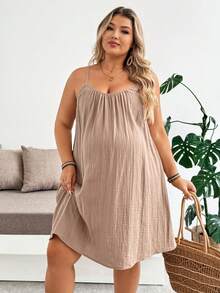 SHEIN Plus Size Maternity Solid Color Ruched Casual Vacation Sleeveless Dress Summer Dresses Vacation Outfits - Khaki - View 4