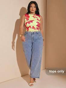 SHEIN BAE Áo liền thân nữ cỡ lớn in hoa, xếp ly, không tay, ôm sát, chất liệu lưới xuyên thấu, thích hợp cho mùa hè, tiệc tùng, trang phục mùa thu, mùa thu, đi học, thời trang Y2K, đi chơi tối/dạo chơi, trang phục hẹn hò, trang phục du lịch sân bay. - Vàng nhạt - Xem 4