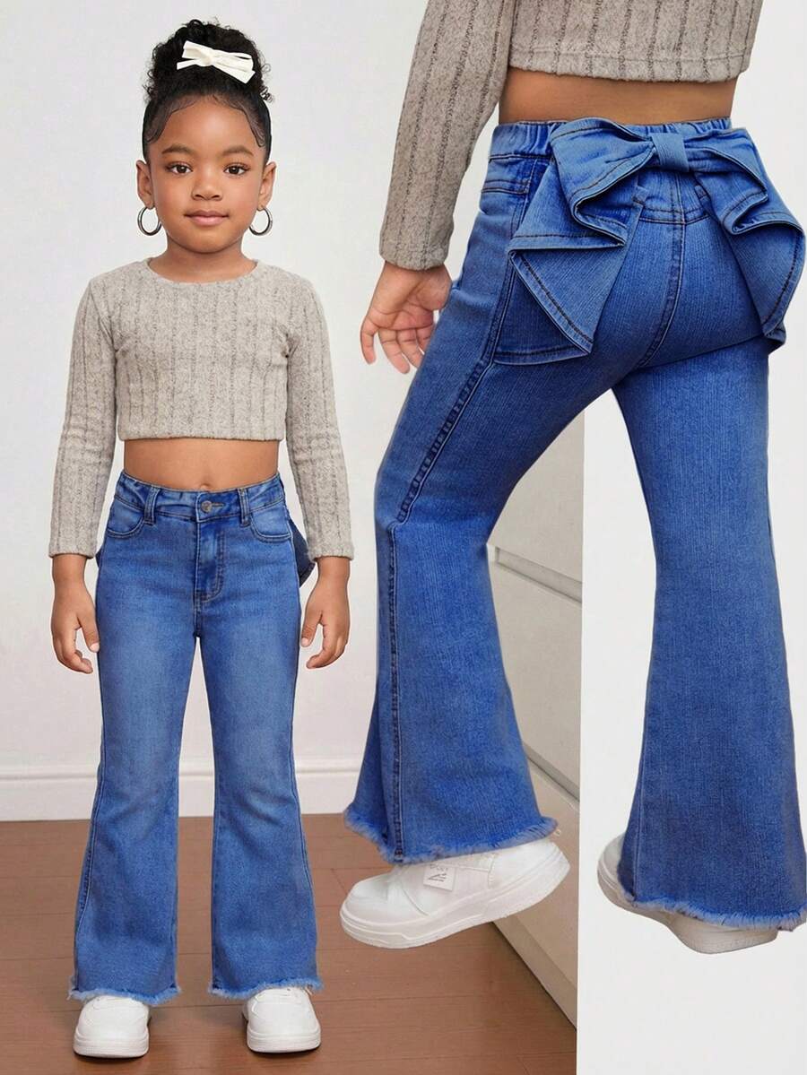 SHEIN Young Girl' Bowknot Decor Elastic Waist Blue Denim Flare Pants - Medium Wash - View 1
