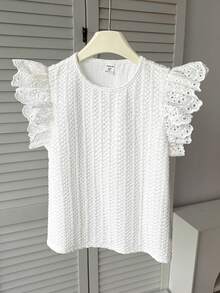 SHEIN 青少年女孩白色夏季可愛洗禮紋理編織圓領抓皺荷葉邊飾飛袖休閒上衣，法式優雅度假風襯衫 - 白色 - 查看 3
