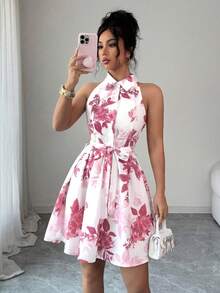 SHEIN Elenzya Đầm hoa không tay in họa tiết, dáng xòe, eo thon, thanh lịch, lãng mạn dành cho nữ. - Nhiều màu - Xem 6