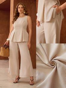 Roveilla Plus Size Women's Beige Summer Elegant Vacation Holiday Brown Striped 2 Pieces Set Waist Cinched Sleeveless Blouse And Wide Leg Pants Outfit Suits - Brown - View 9