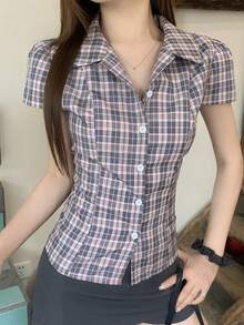 DAZY 女士夏季纯色翻领修身短袖白色衬衫 - 粉色 - 查看 3