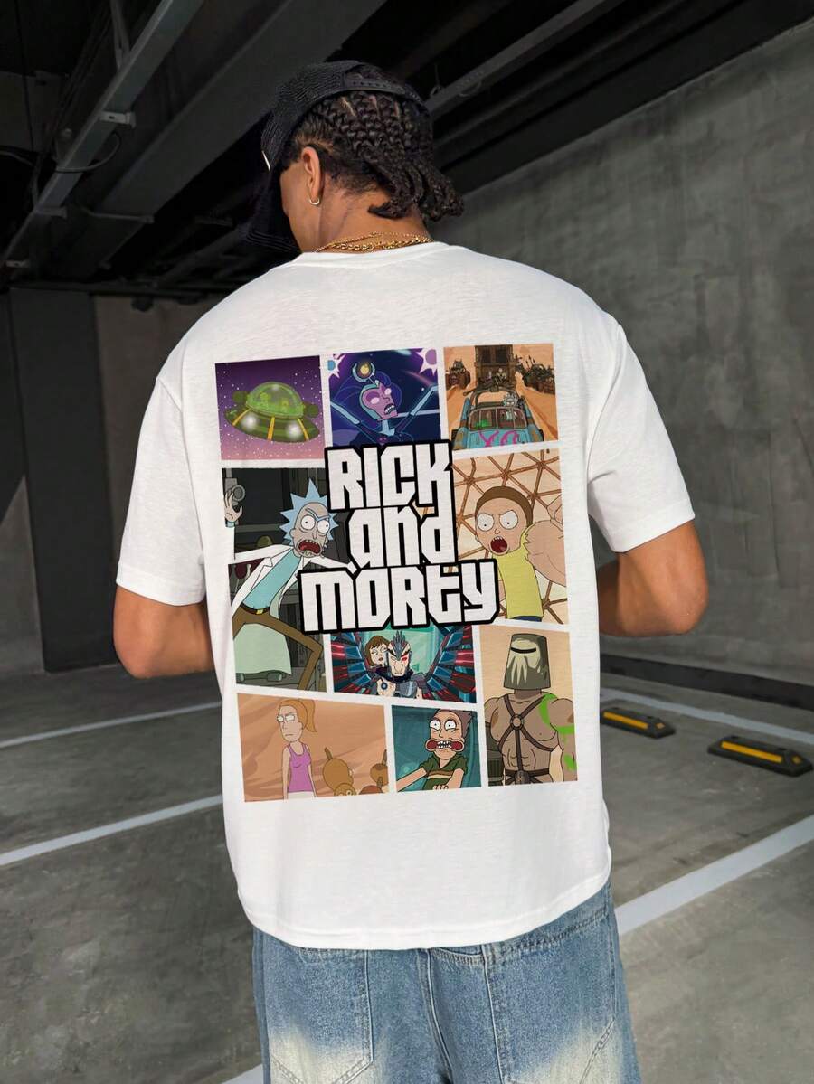 Rick and Morty X SHEIN 男士休闲卡通印花T恤，夏季 - 白色 - 查看 1