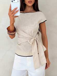 Women's Boat Neck Cap Sleeve Tie Waist Blouse Women Casual Outfits Women's Tops And Blouses Women's Summer Outfits Women's Tops For Summer Women's Cotton Tops,Summer Top Boat Neck Top Women Blouse For Women Casual Modern Elegant Top For Woman Business Casual Women Tops - Apricot - View 6
