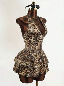 BamGleam Đầm nữ họa tiết da báo, viền bèo nhún, cổ yếm gợi cảm. - màu đen - Xem 1