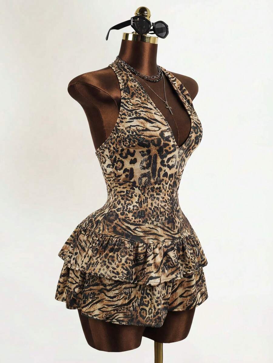 BamGleam Đầm nữ họa tiết da báo, viền bèo nhún, cổ yếm gợi cảm. - màu đen - Xem 1