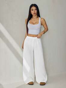 SHEIN PETITE Quần ống đứng cạp siêu thấp dành cho nữ, chất liệu cotton hữu cơ, kiểu dáng thường ngày, thích hợp cho mùa thu. - trắng - Xem 5