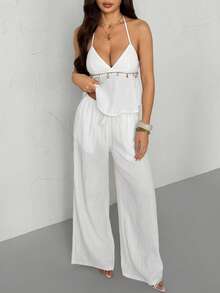 SHEIN PETITE Ensemble décontracté et élégant pour femmes/Top décoré de coquillages/Top à bretelles croisées dans le dos/Ensemble d'été/Ensemble blanc/Ensemble sexy - Blanc - Voir 3