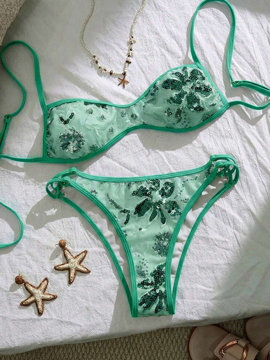 SHEIN Swim Vcay 女士夏季沙滩亮片性感比基尼泳衣套装 - 薄荷綠 - 查看 1