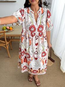 Enliva Vestido de vacaciones para mujer talla grande, vestido de manga corta con estampado divertido, para silueta de manzana y redondeada - Multicolor - Ver 7