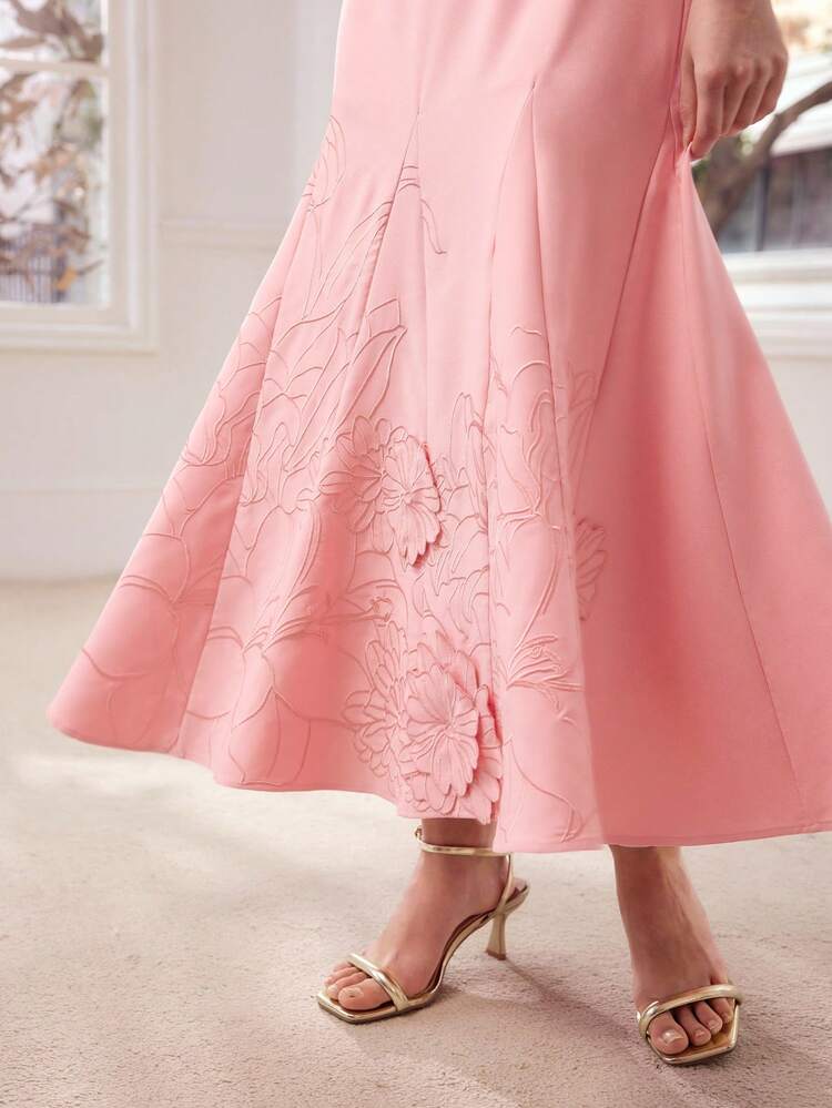 WOMEN'S SHORT SLEEVE ROUND NECK EMBROIDERED PINK DRESS, SUITABLE FOR DATES, SPRING/SUMMER